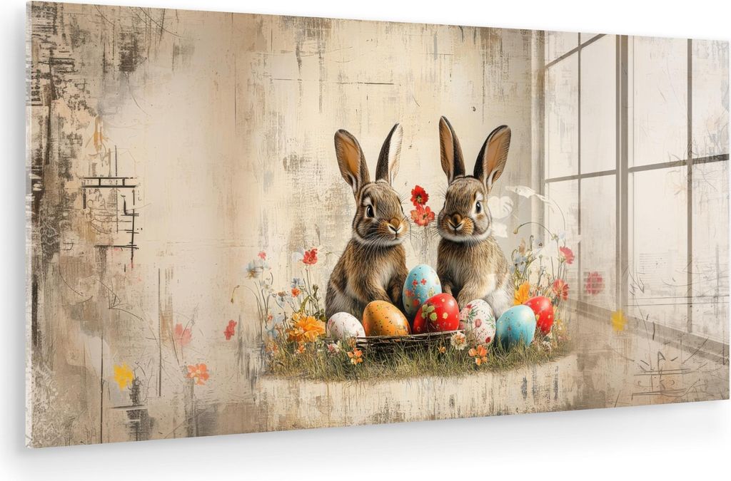 MuchoWow Glasbilder - Bilder auf Wandbild - Foto auf Glas Kaninchen - Blumen - Eier 120x60 cm Wanddekoration aus Glas - Acrylglasbild - Acrylbilder...