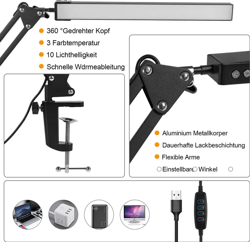 Jiubiaz LED lampada da tavolo 10W FlexBar lampada da scrivania illuminazione lampada da ufficio dimmerabile 3 temperature di colore, 10 livelli di luminosità per il lavoro, l'apprendimento lampada architetto con braccio girevole - 5