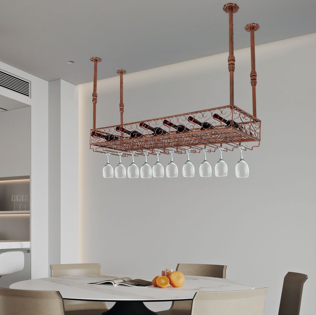 100cm Metall Weinregal mit Glashalter Deckenreagl höhenverstellbar Bronze