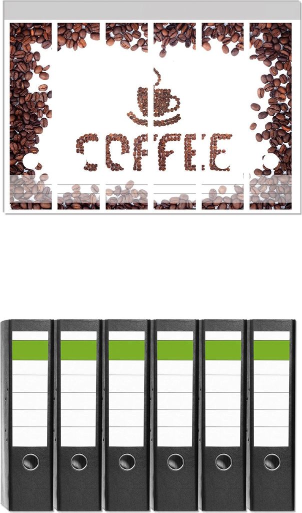 Wallario 6 Stück breite Ordner inkl. Klebeetiketten mit Motive Kaffee Schrift aus Kaffeebohnen - Set mit Rückenschildern / Ordnerrücken Stickern