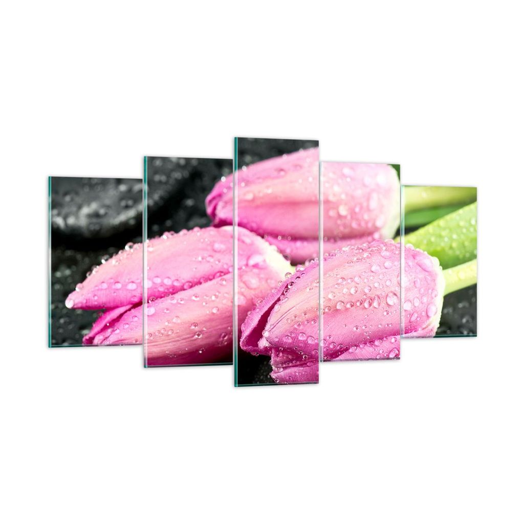 Bilder auf glas - Tulpen Tau Steine Pflanze - 160x85cm - Glasbilder - Wandbilder - Kunstdruck - zum Aufhängen bereit - Wanddekoration aus Glas - G...