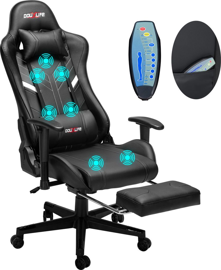 A black gaming chair with a footrest and a remote control, shown from a slightly angled front view.