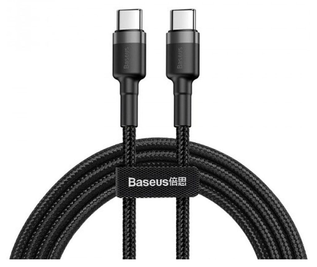 A black USB Type-C cable with two connectors and a branded strap.