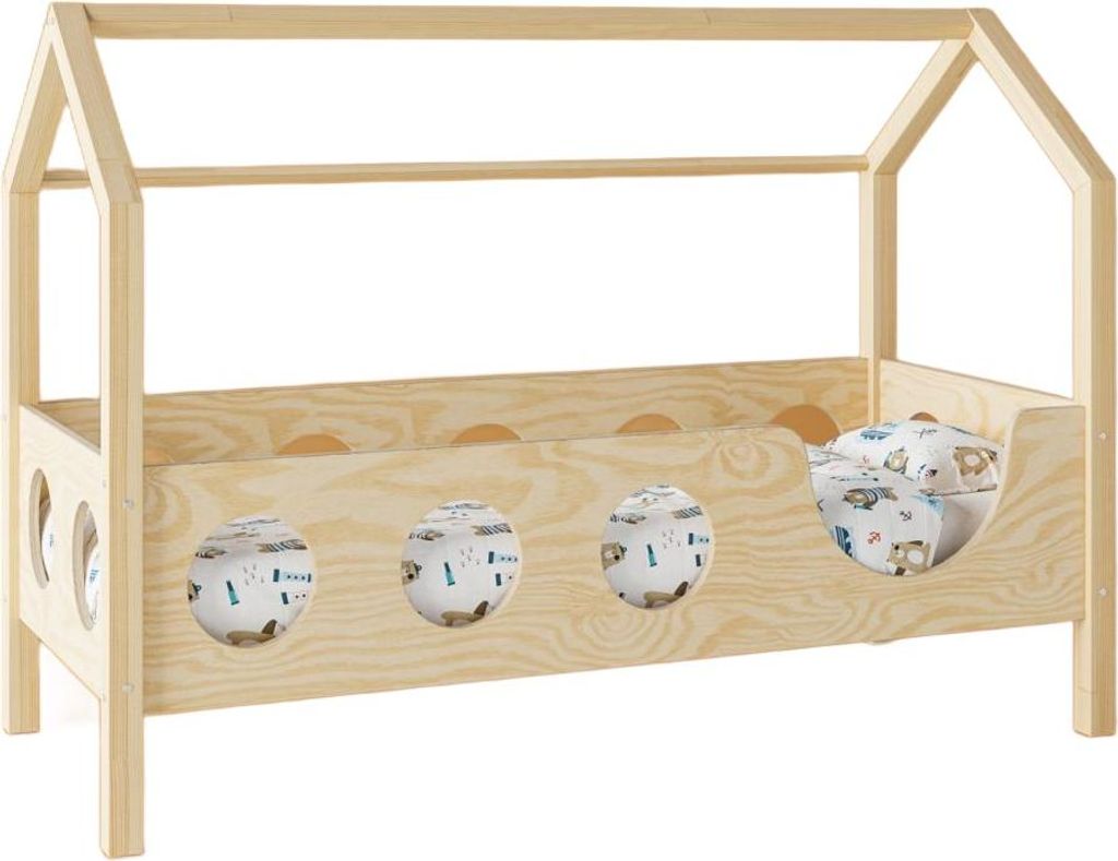 Kinderbett TRANO PO | Hausbett Design 100x180 cm | Natürliches Holz ohne Lackierung | Einfache Montage mit robustem Lattenrost