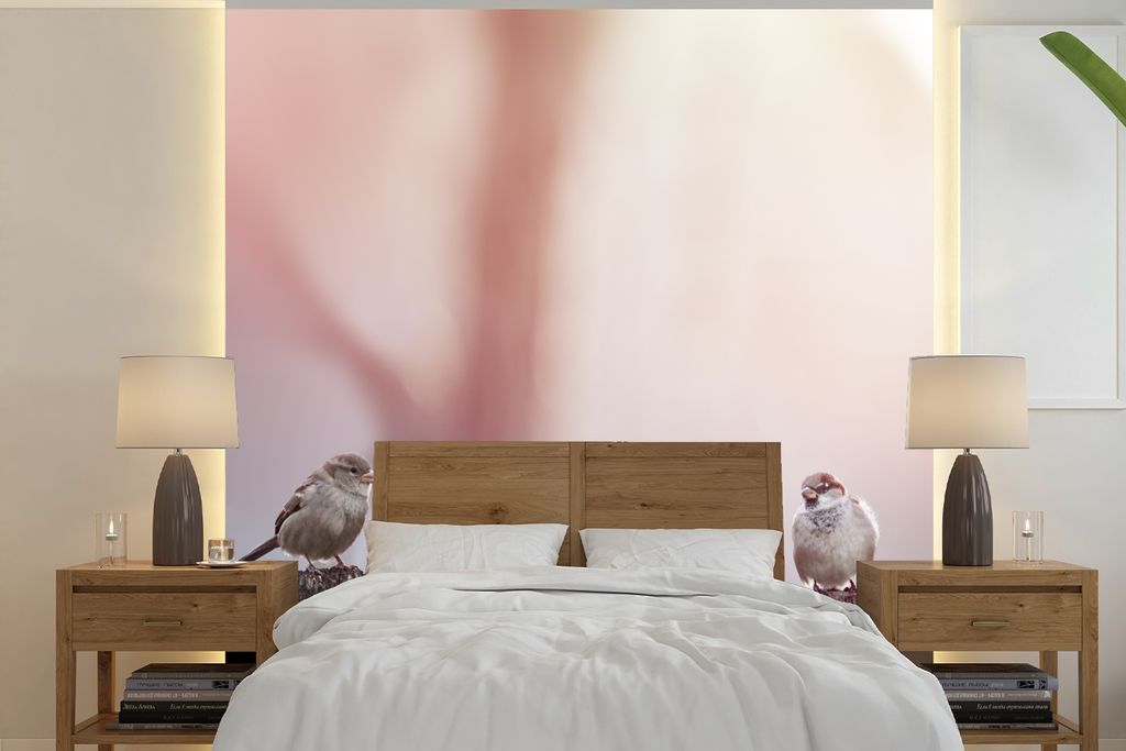MuchoWow Fototapete für Wohnzimmer oder Schlafzimmer Wandtapete Vinyl Motivtapete Vögel - Spatzen - Pfähle - Holz - 220x220 cm - Tapeten
