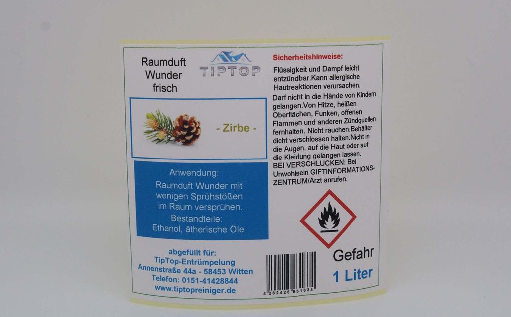 Raumduft-Wunder - 1 Liter - frisch - Duftnoten zur Auswahl – Zirbe