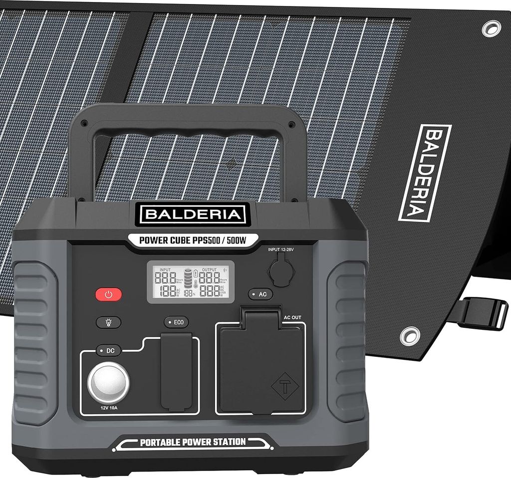 BALDERIA Power Set, tragbare Powerstation 500W mit faltbarem Solarpanel 60W