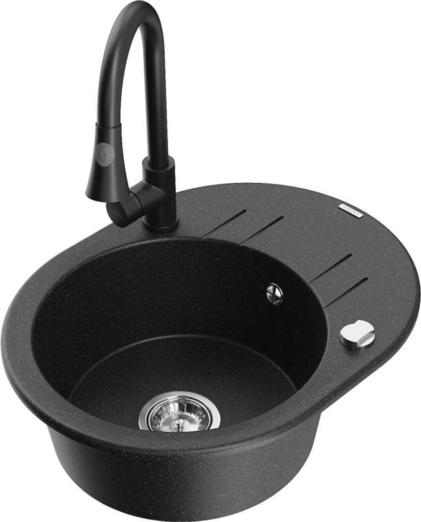 Mexen Kevin 1 Becken-Granitspüle mit Abtropffläche und Mischbatterie Elia, Schwarz/Silbermetallic - 6517-73-670101-70