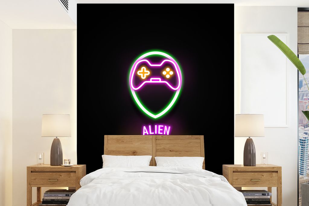 MuchoWow Fototapete für Wohnzimmer oder Schlafzimmer Wandtapete Vinyl Motivtapete Gaming - Zitate - Neon - Alien-Gamer - Controller - 195x260 cm...