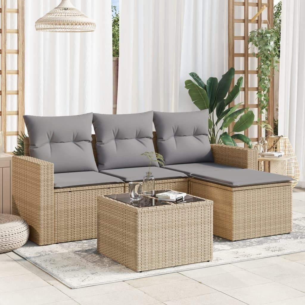 Design 5-tlg. Garten-Sofagarnitur mit Kissen Beige Poly Rattan, Gartenmöbel-Sets 2024