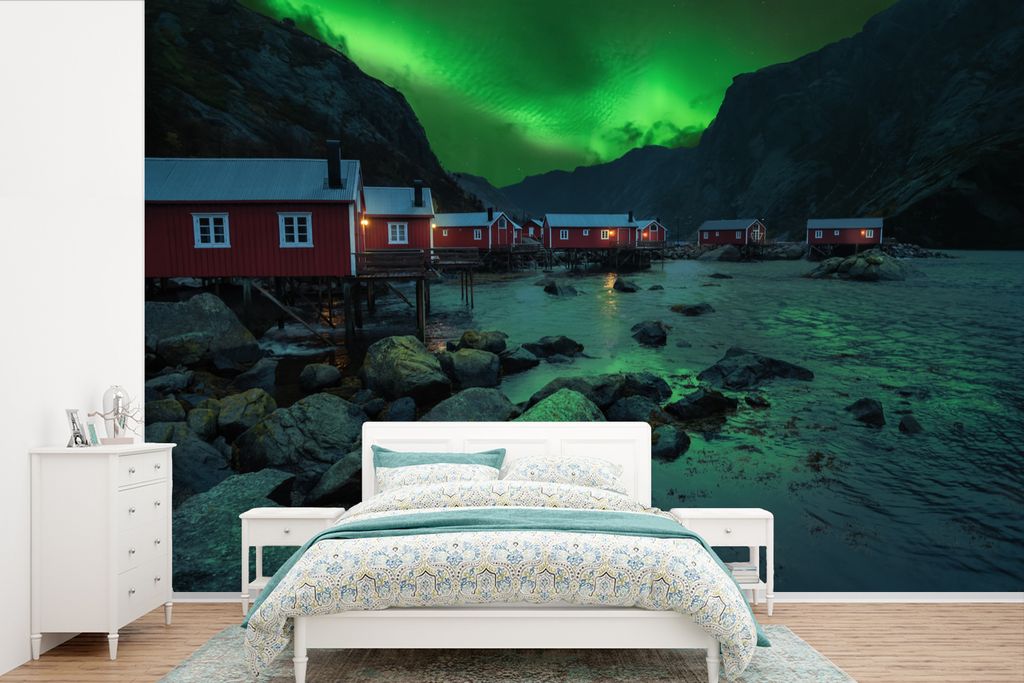 MuchoWow Fototapete für Wohnzimmer oder Schlafzimmer Wandtapete Vinyl Motivtapete Nordlichter - Norwegen - Nacht - 360x240 cm - Vinyl-Tapete