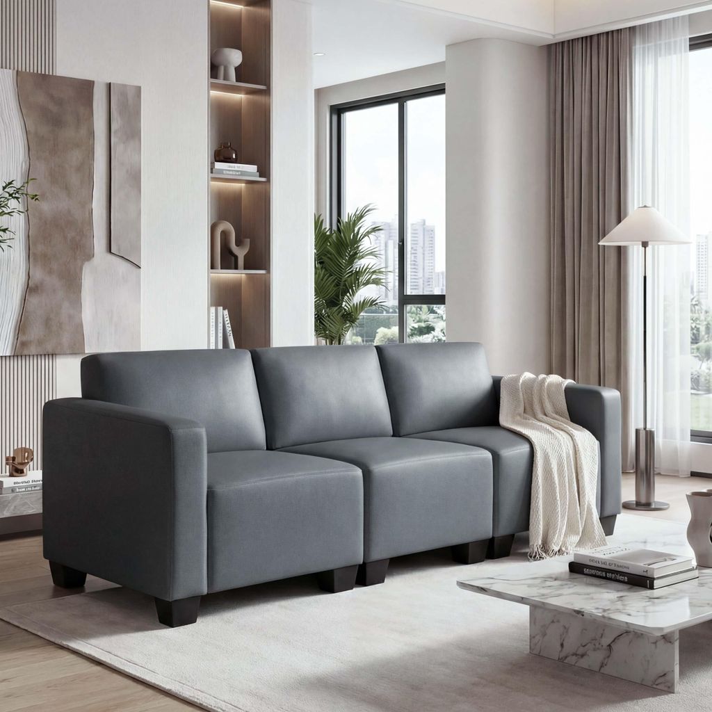 Modular 3-Sitzer Sofa Couch Lyon, Kunstleder dunkelgrau