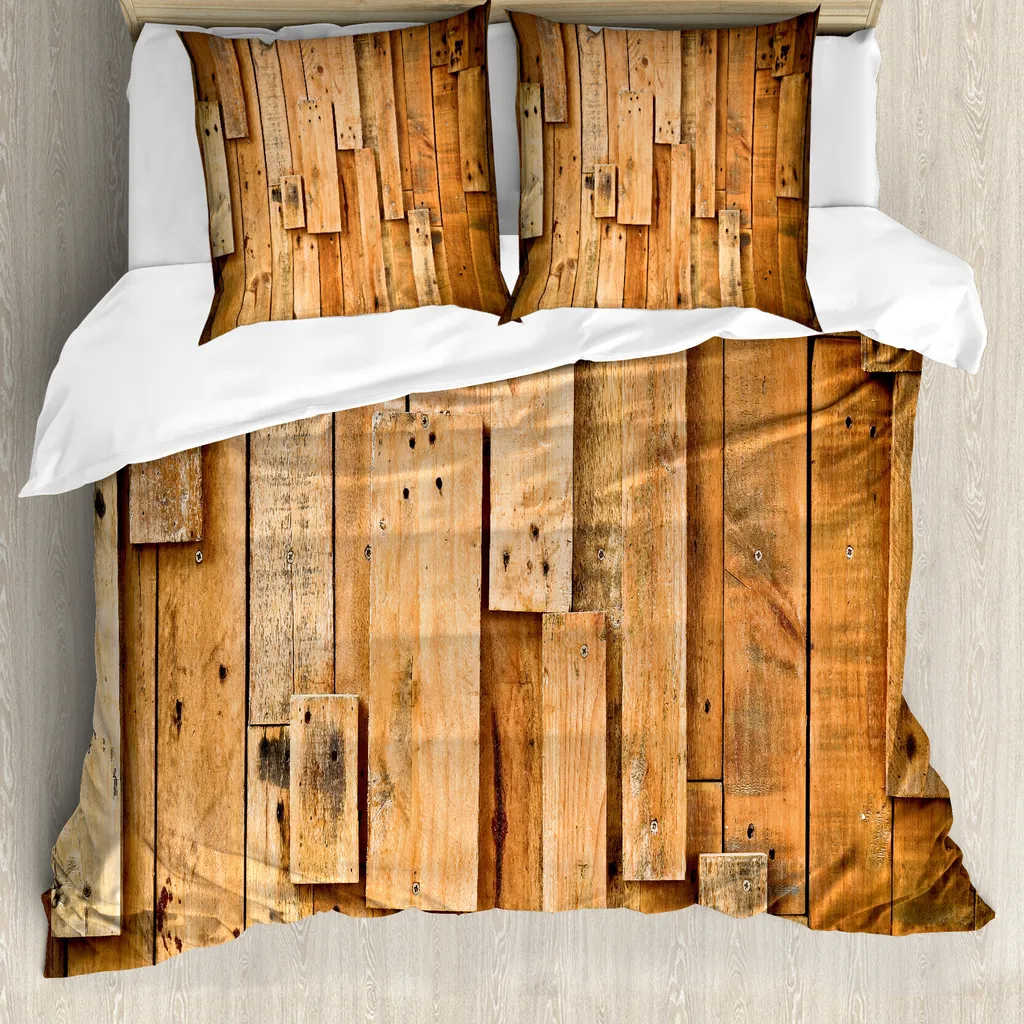 ABAKUHAUS Set copripiumino in legno per letti matrimoniali, assi di legno inchiodate Grunge, antiacaro, adatto a chi soffre di allergie, con federe, multicolore
