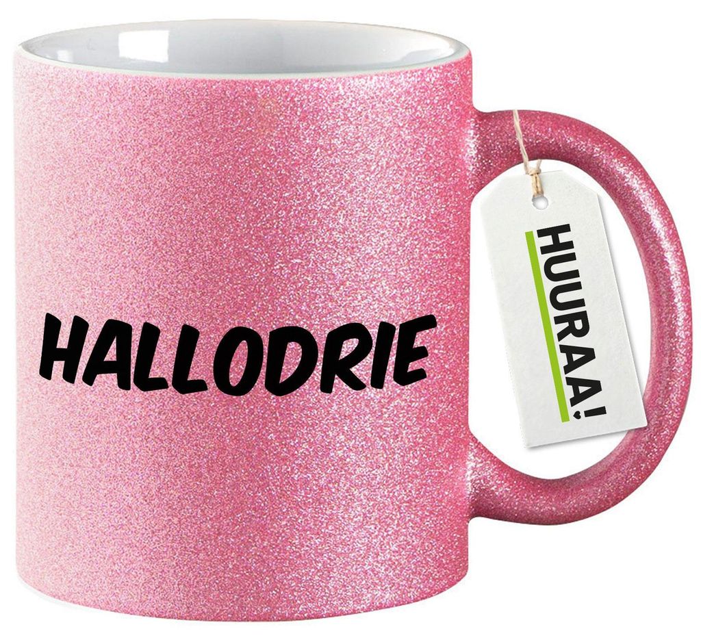 Huuraa Glitzertasse Hallodrie Schriftzug 330ml Pink Keramik Kaffeebecher Geschenkidee