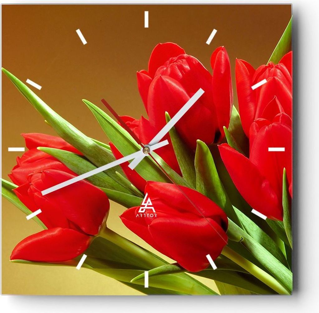 Wanduhr - Quadrat - Glasuhr - Tulpen Blumen Feld Plantage - 40x40cm - Schleichendes Uhrwerk - Lautlos - zum Aufhängen bereit - Dekoration Modern -...