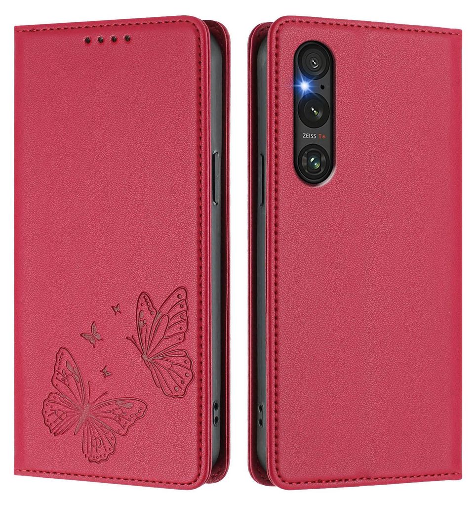 Lederhülle für Sony Xperia 1 V, Schmetterling Prägung Leder Brieftasche Schutzhülle mit Ständer Rot