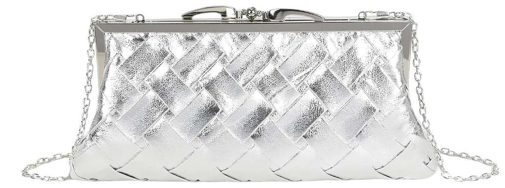 Gallantry, Damen Abendtasche Flechtoptik lackiert mit Ketten Schultergurt, Silber