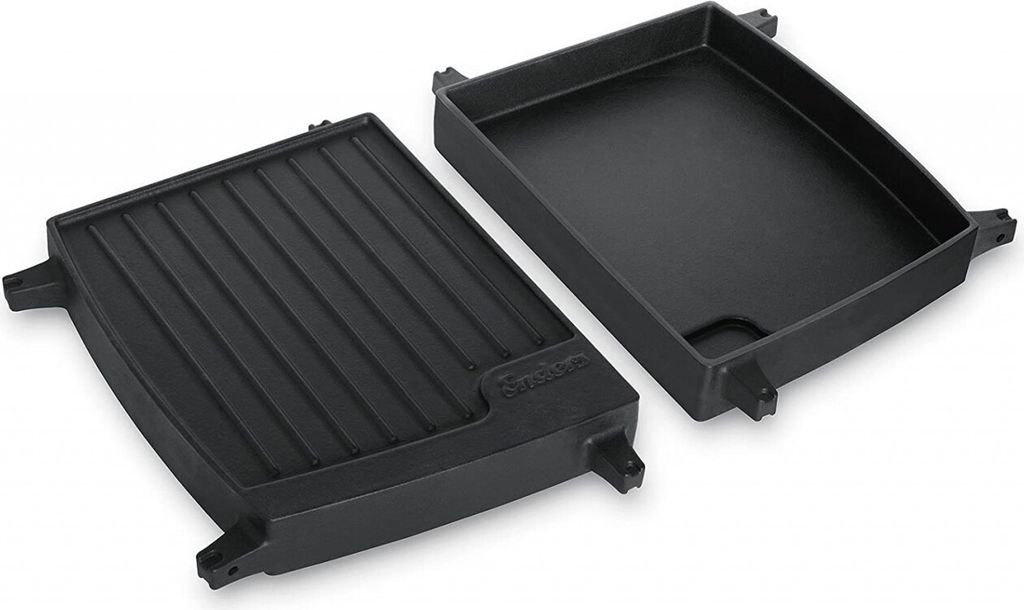 A black cast iron grill plate and a matching drip pan are shown on a white background.