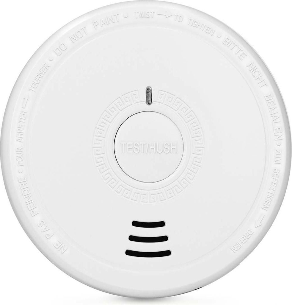 A white smoke detector is shown from a top-down perspective against a white background.