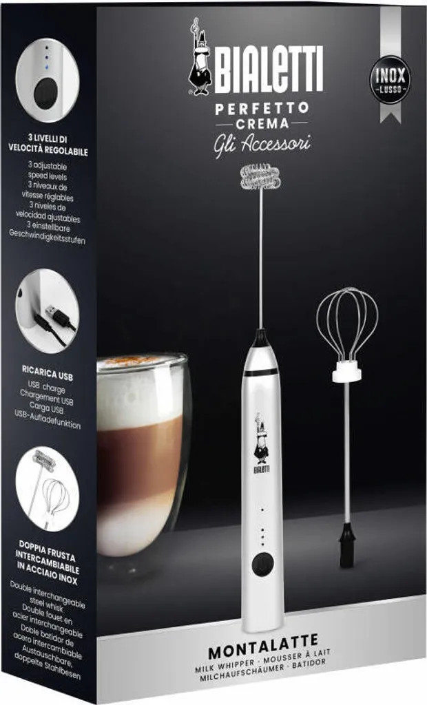 Mousseur à Lait Bialetti USB 2 Embouts - Mixeur à Tige Métal Argenté