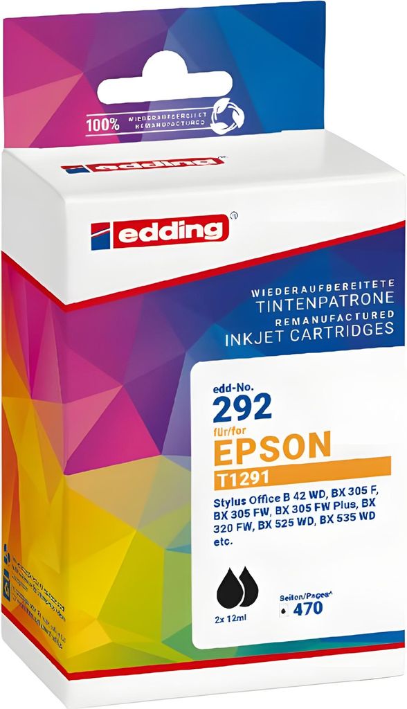 Edding EDD-292 Tintenpatronen Doppelpack, schwarz kompatibel zu Epson T1291, Schwarz, 14 ml, 2 Stück(e), Doppelpack