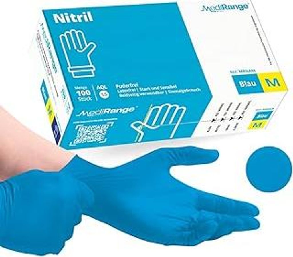 Farla Medical MediRange Nitrilhandschuhe M - Blaue Beständige Einmalhandschuhe - Puderfrei - Latexfrei und Proteinfrei - Medizinisch - Lebensmitte...