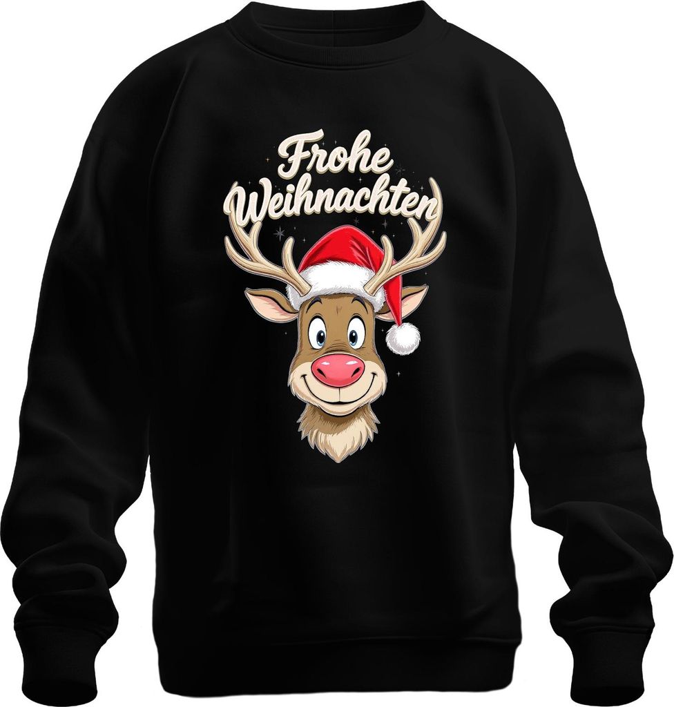 Frohe Weihnachten Rentier Niedlich Cartoon Weihnachtsmütze Lustig Uni Sweatshirt Pullover, Schwarz, L