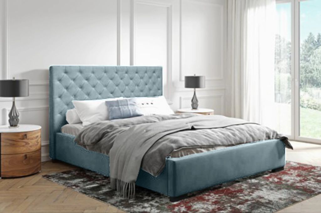 ADIDAR Emilia Polsterbett 140x200cm Doppelbett Metall - Holzrahmen mit Bettkasten und Lattenrost - Premium stilvolles Design (Hellblau - Kronos 31)
