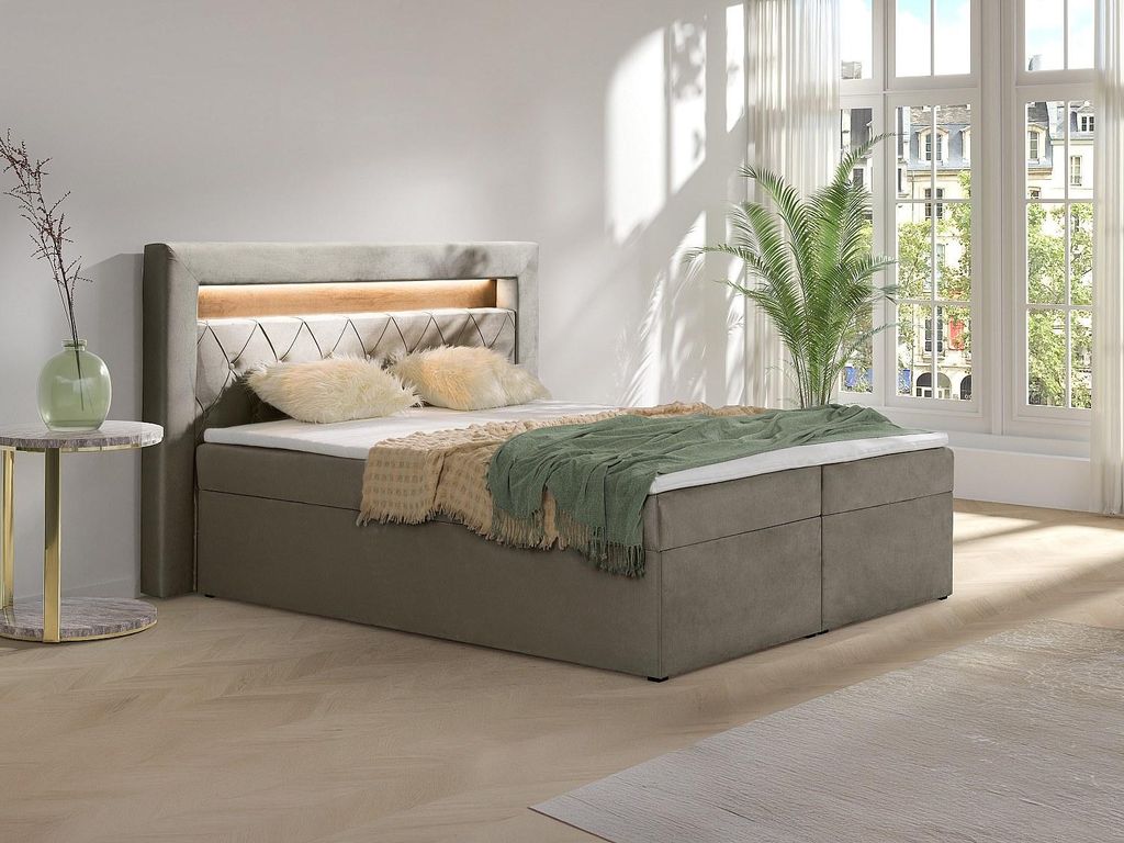 Schlafzimmer-Set dekorative Kopfstütze mit LED-Beleuchtung + Rahmen mit Box + Matratzen + Matratzenauflage - 160 x 200 cm - Velours - Taupe - ORAN...