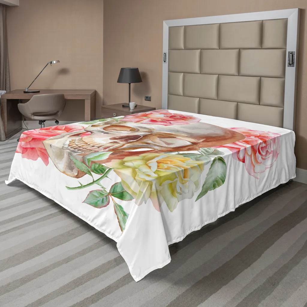 Linge de Lit Décoratif Thème Crâne et Roses pour Chambre Adulte et Ado