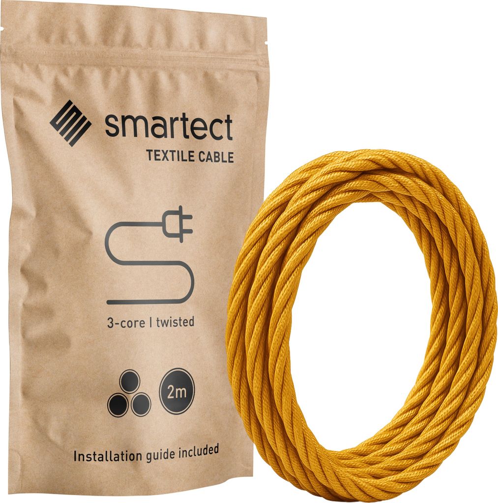 Textilkabel 2 m Gold 3 adrig rund Lampenkabel Stoffkabel Stromkabel Elektro