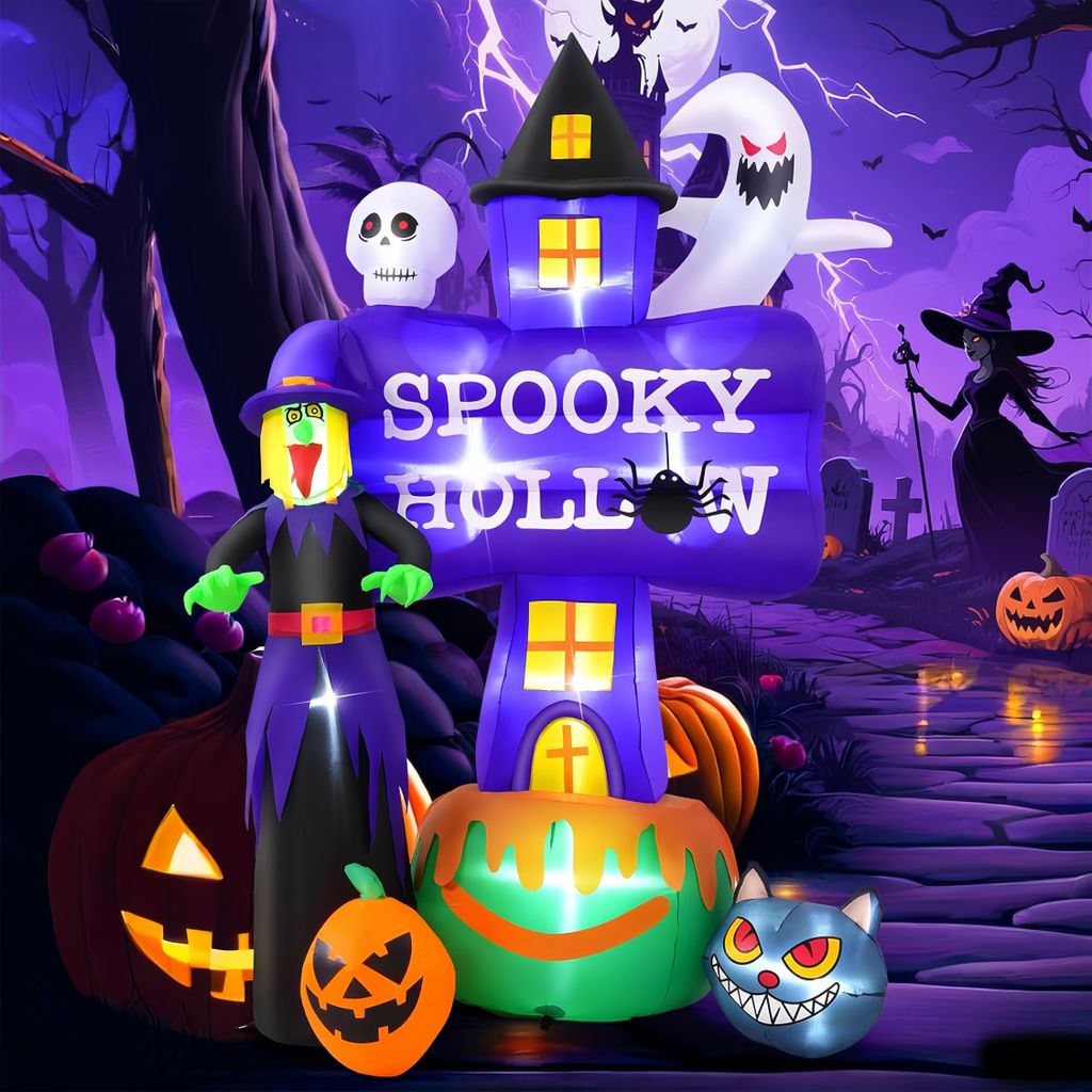 Halloween Aufblasbar Deko Outdoor 2,5M Terrible Geist mit LED-Lichtern, Totenkopf-Katze und Kürbis für Innen Außen Garten Party