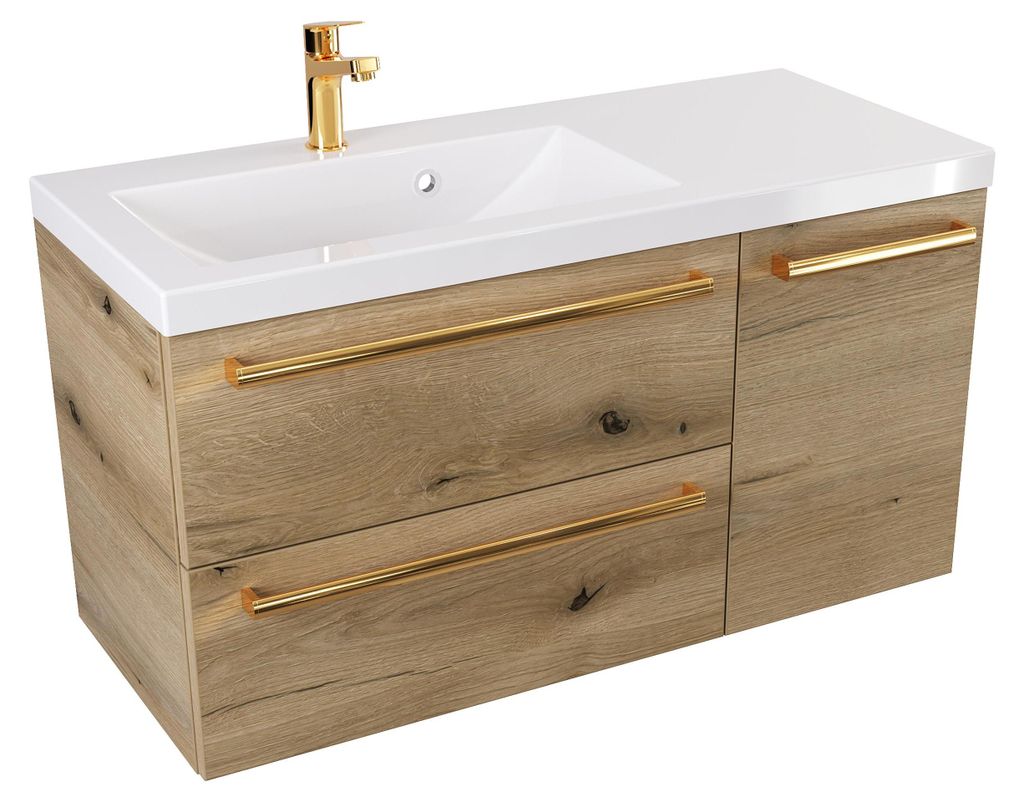 ATHD Wandhängender Waschtischunterschrank mit Waschbecken, 90 cm Tiefe, links - Evoke Matt Eiche - Griffe aus poliertem Gold