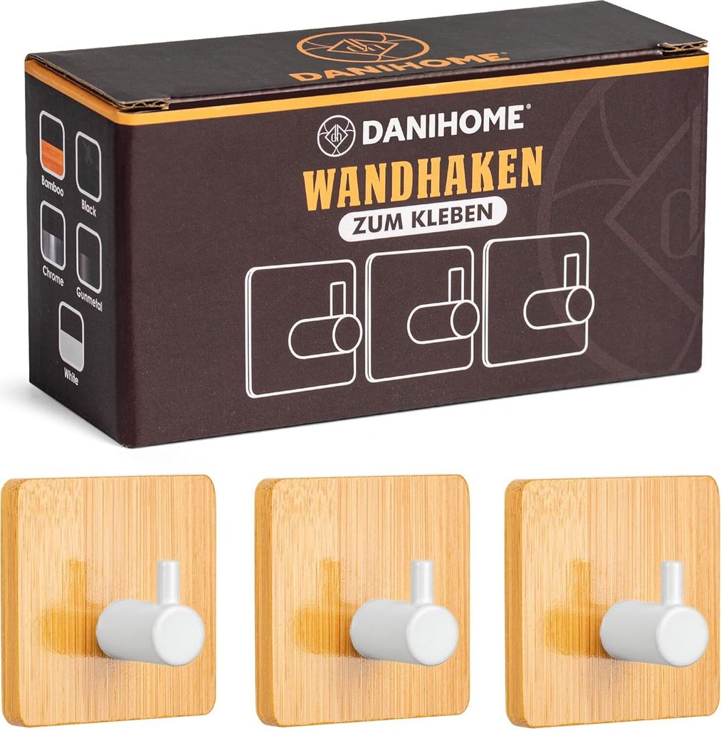 DANIHOME Handtuchhalter Bambus- Weiß ohne Bohren - Klebehaken Extra Stark für Küche & Bad, Wandhaken Selbstklebend, Handtuchhaken Bambus, Kleben...