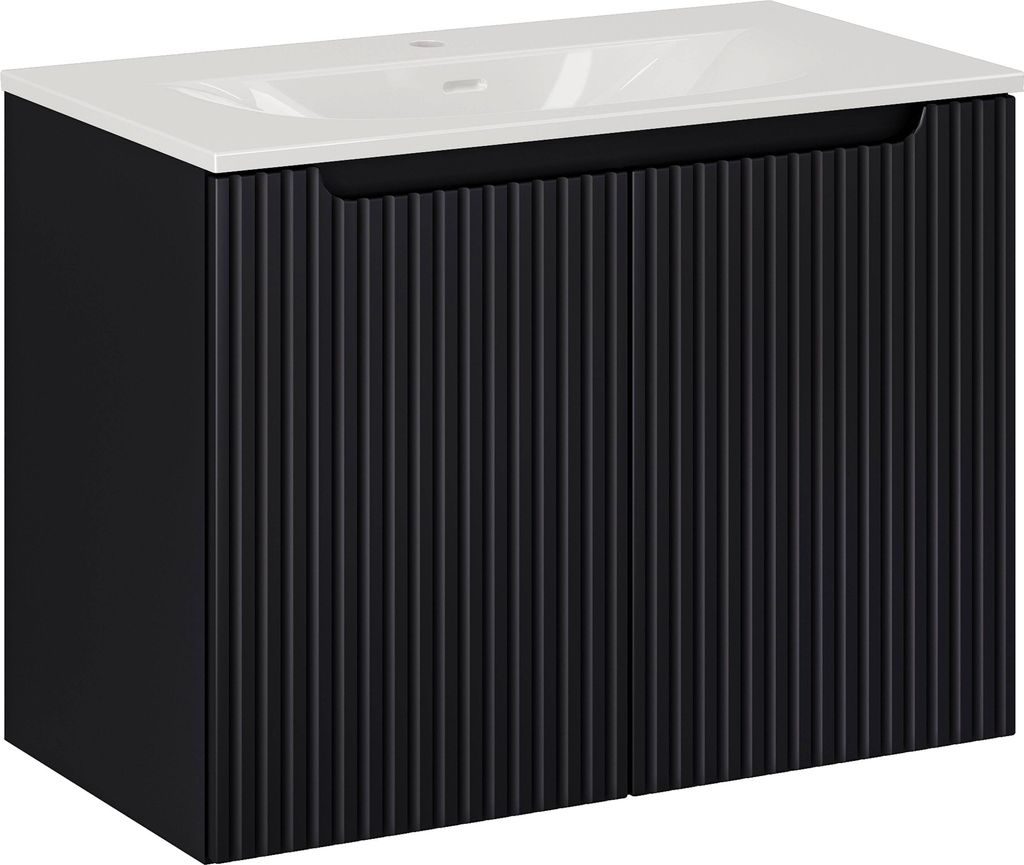Badezimmerschrank 80 Cm Mit Waschbecken Schwarz Matt Geriffelt Elegant
