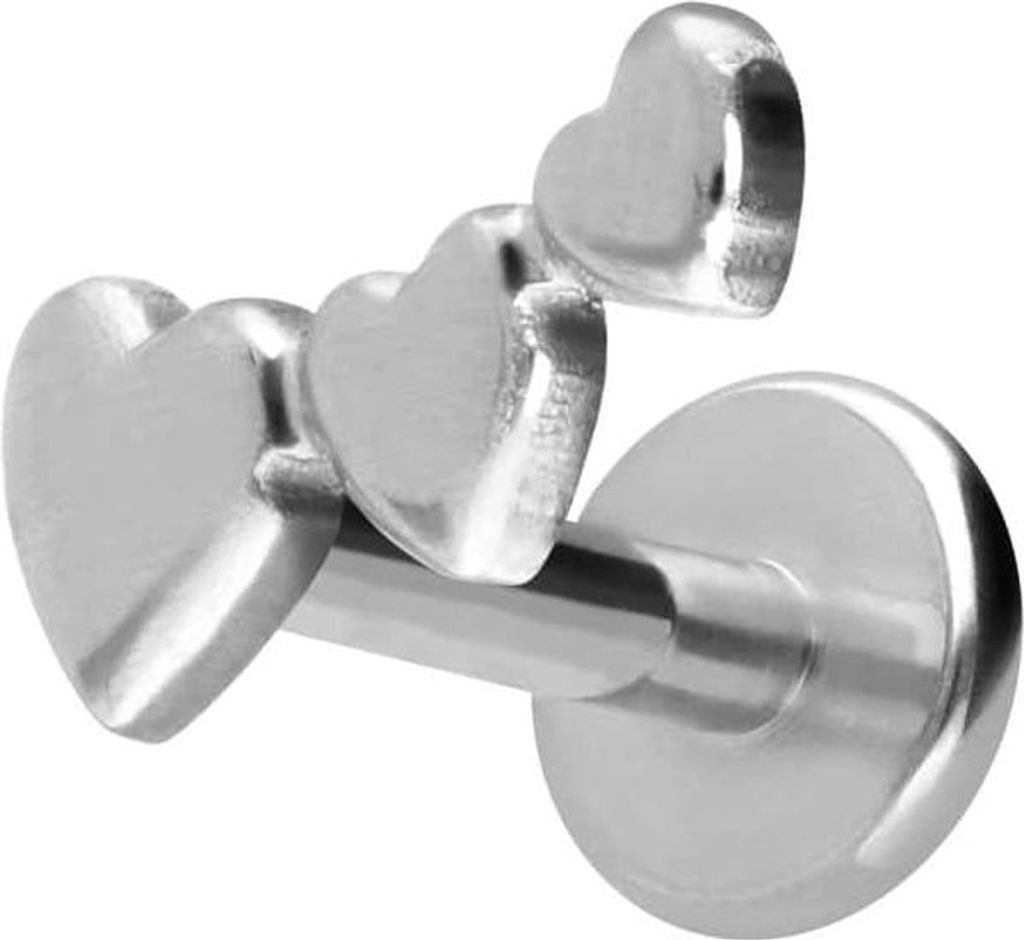 Ohrpiercing, Nasenpiercing Titan Labret mit Push Fit 3 HERZEN Silber Stablänge: 9mm | Stabstärke: 1mm