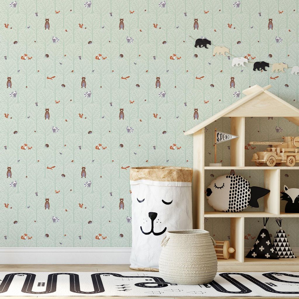 TADESSI Tapete Kinderzimmer M1-No.725 Vliestapete Grün Braun Waldtapete Tiere Jungenzimmer Mädchenzimmer