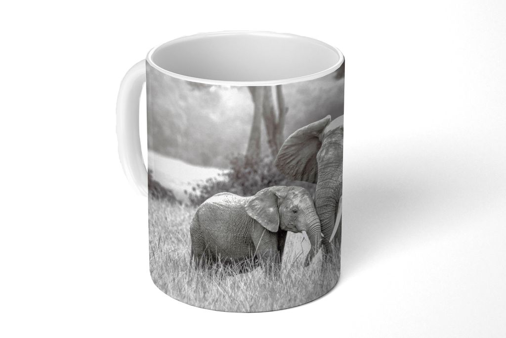 KitchenYeah Tasse Kaffeetasse Kaffeebecher 350 ml Elefant - Tiere - Natur - Schwarz und weiß Teetasse - Fototasse - Becher - Keramikbecher - Tee...