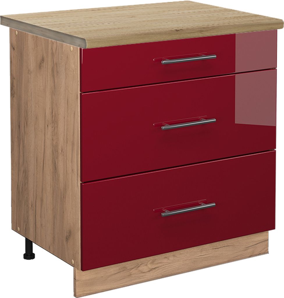 Küchenunterschrank Vicco Fame-Line Bordeaux Hochglanz 80 cm mit 3 Schubladen, AP Eiche, Model 46711