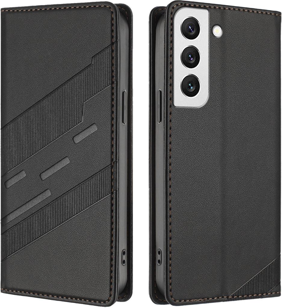 Hülle für Samsung Galaxy S22 5G, Kunstleder Brieftaschen Handyhülle mit Kartenfach und Standfunktion Schwarz