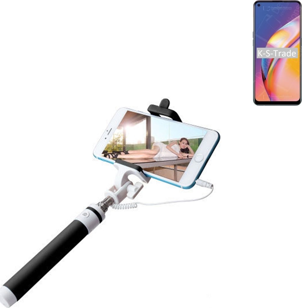 K-S-Trade Selfie Stick kompatibel mit Oppo Reno5 F Selfiestick kabelgebunden Monopod mit Kabel Stab Stange Selfportrait Handheldstick schwarz 1x