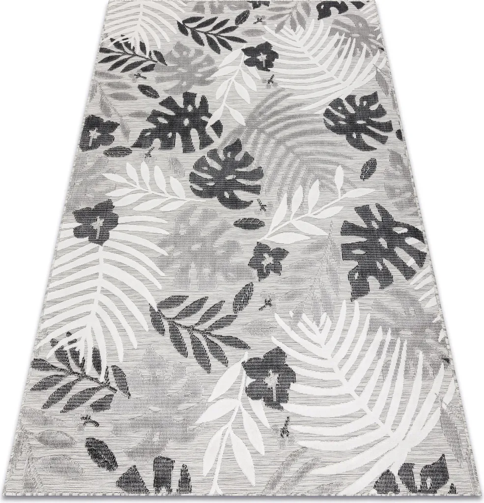 Tapis gris anti-poussière motif Monstera - Tissage plat BOTANIC 117x170