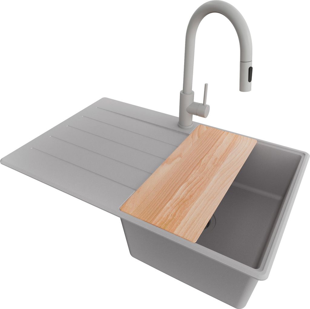 PRIMAGRAN Granitspüle Grau 78x50cm, Spülbecken 1 Becken + Küchenarmatur 40x20cm + Ablauf-Set + Schneidebrett, Küchenspüle ab 45er Unterschrank...