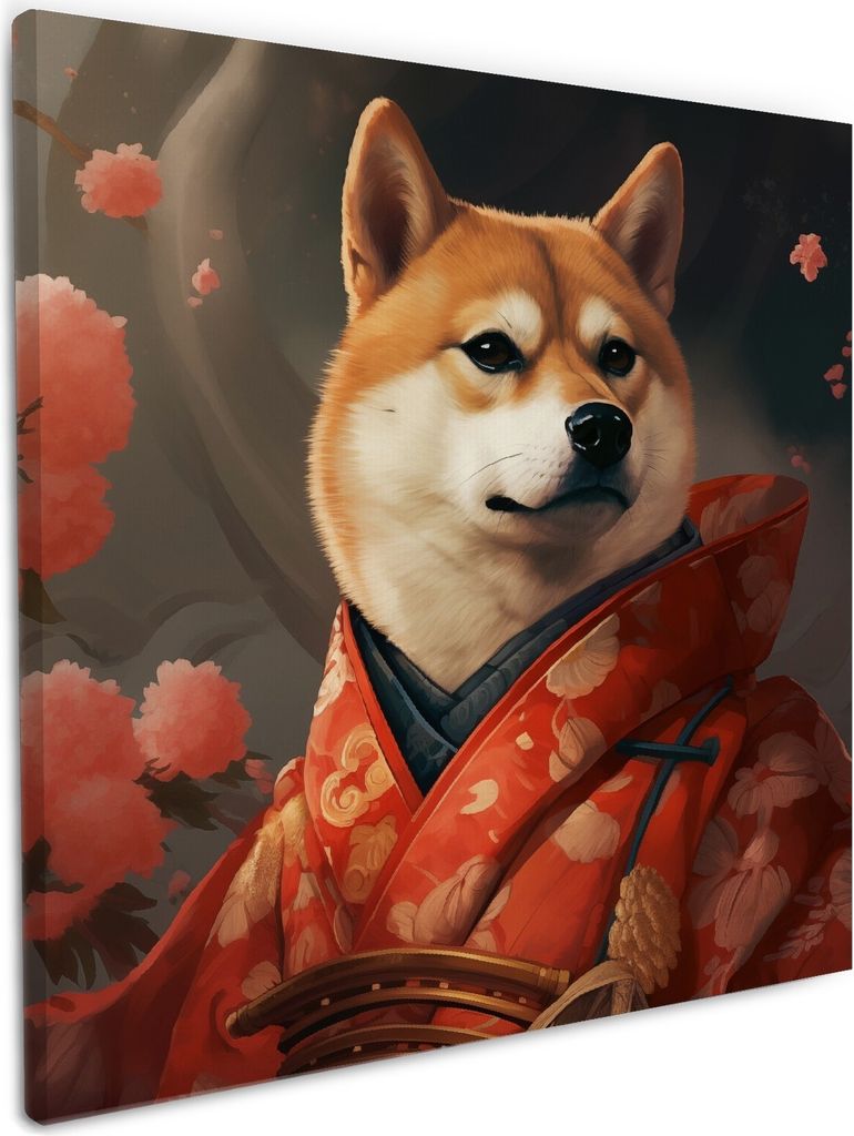 Wallario Premium Leinwandbild Samurai Shiba in Größe 50 x 50 cm
