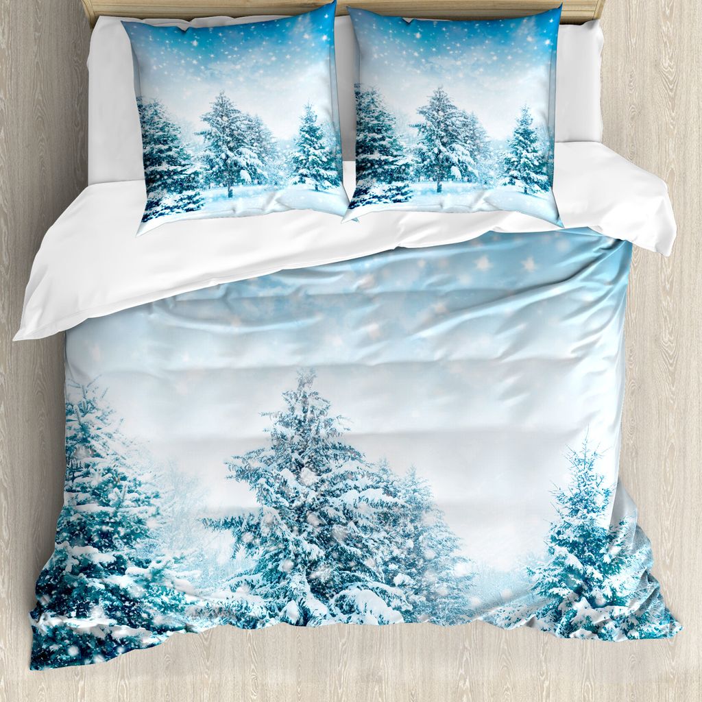 ABAKUHAUS Winter Bettbezug, Tannenbaum Bergabhang, Milbensicher Allergiker geeignet mit Kissenbezügen, 200 cm x 200 cm - 80 x 80 cm, Blau Weiss
