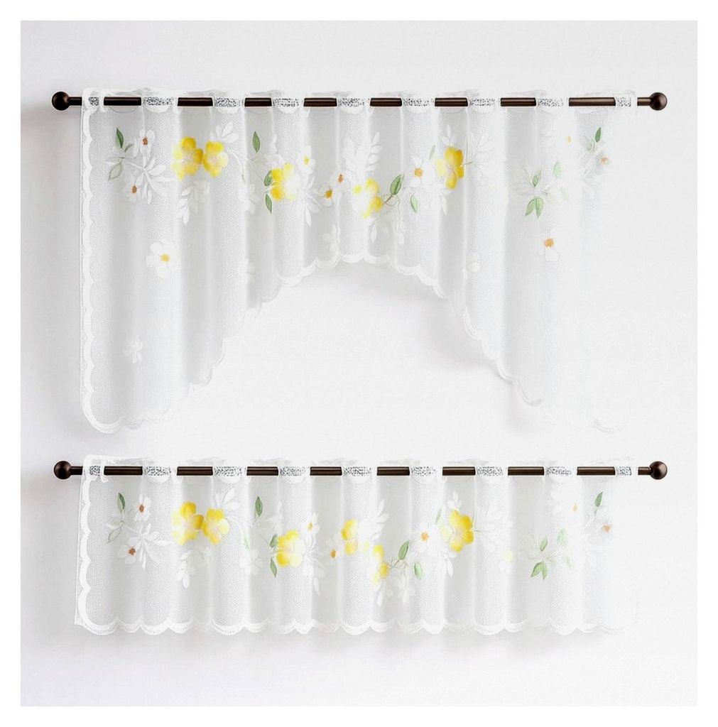 Bistro-Bogen Scheibengardine | 2-teiliges Set | weiß mit farbigem Blumenmuster | Küchengardine | Panneau | Breite 150 cm