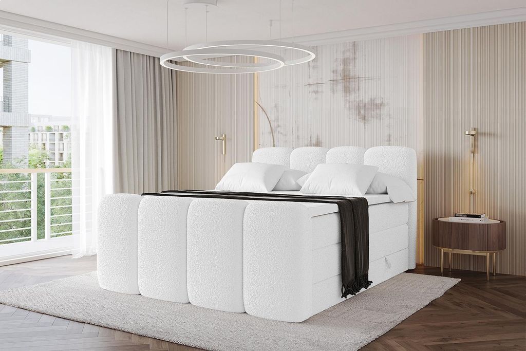 ALTDECOR Boxspringbett mit Fußteil - NINA-Z KING - 120x200 Weiß- Komplett-Set mit H3 und H4 Matratzen und Topper, Polsterbett mit Bettkästen, La...