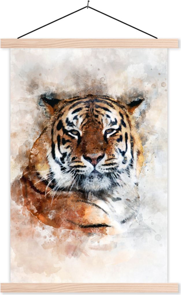 MuchoWow Textilposter Tiger - Kopf - Nebel 40x60 cm mit holzfarbenen Rahmen - Poster