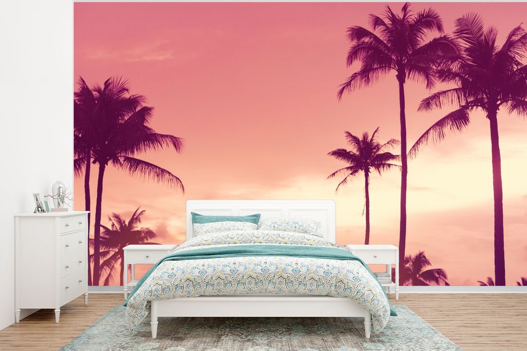 MuchoWow Fototapete für Wohnzimmer oder Schlafzimmer Wandtapete Vinyl Motivtapete Himmel - Palme - Abend - Natur - Tropisch - 320x240 cm - Tapeten