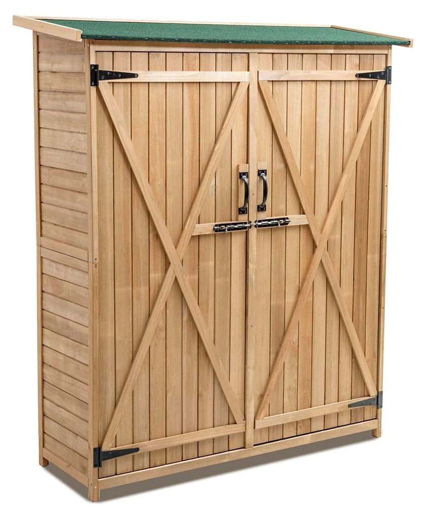 Gartenschrank aus Holz, wetterfester Geräteschuppen mit 3 Regalen und 2 abschließbaren Türen, Holzschuppen mit Satteldach, 140 x 50 x 162 cm
